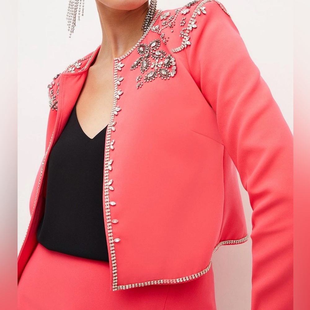 NWT KAREN MILLEN Crystal Embellished Cady Woven Jacket CORAL